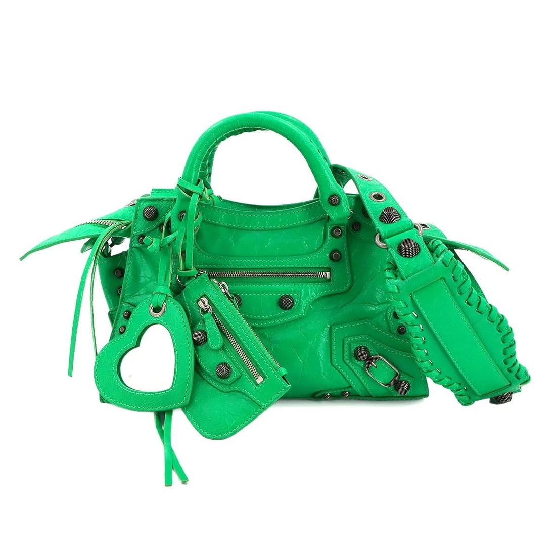 BALENCIAGA NEO CAGOLE XS HAND SHOULDER BAG LEATHER: BALENCIAGA Neo Cagole XS Hand Shoulder Bag Leather Brand: BALENCIAGA Type/Style: Hand Bag / Shoulder Bag Material: Leather Color: Vivid green Size: W 10.04 inch, H 6.50 inch, D 4.13 inch Accessories: