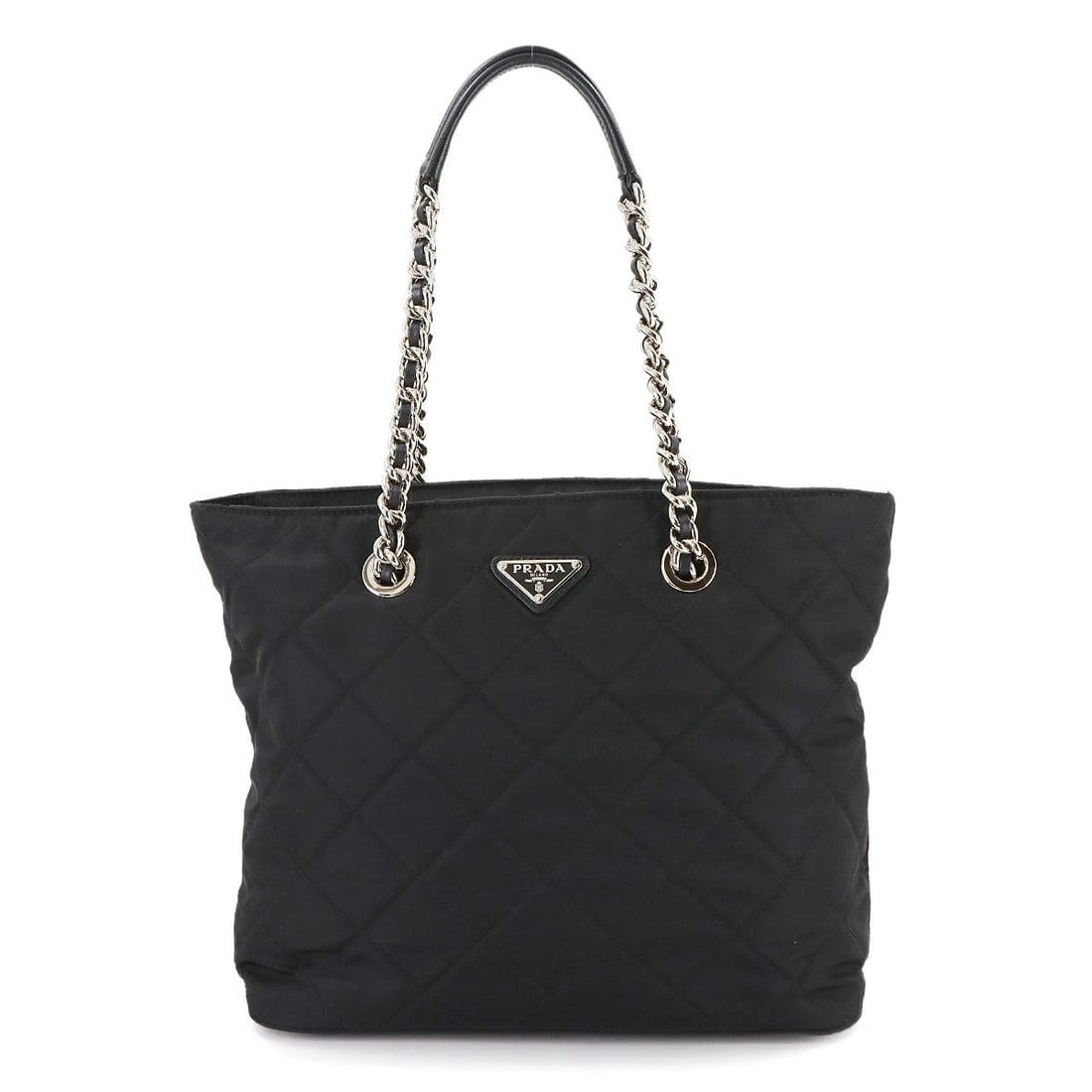 PRADA QUILTED CHAIN TOTE BAG LEATHER BLACK: PRADA Quilted Chain Tote Bag Leather Black Brand: PRADA Type/Style: Tote Bag Material: Nylon , Leather Color: Nero Size: W 11.42 inch, H 9.84 inch, D 5.51 inch Accessories: None Accessories Notice: