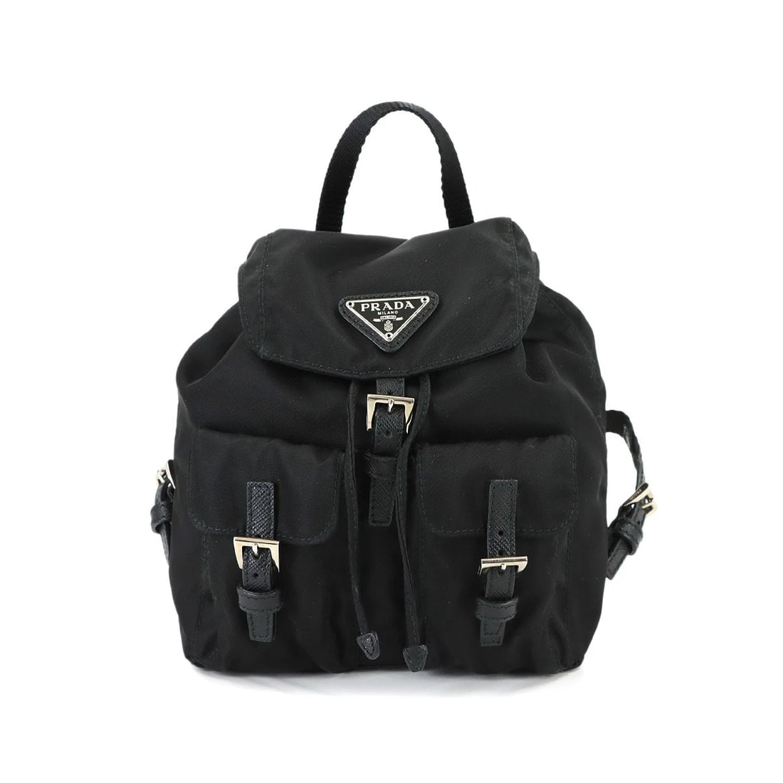 PRADA BACKPACK MOTIF POUCH NYLON SAFFIANO LEATHER: PRADA Backpack Motif Pouch Nylon Saffiano Leather Brand: PRADA Type/Style: Pouch Material: Nylon , Saffiano Leather Color: Nero Size: W 6.10 inch, H 7.09 inch, D 3.15 inch Accessories: None