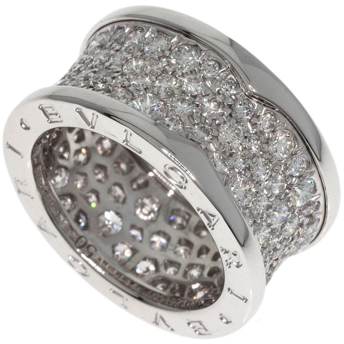 BVLGARI B.ZERO1 FULL PAVE DIAMOND RING K18 WHITE GOLD: BVLGARI B.zero1 Full Pave Diamond Ring K18 White Gold Brand: BVLGARI Type/Style: Ring Material: K18 White Gold, Main Stone/Creation Natural Color: Silver Size: 5.25 (US) Accessories: None Accessories