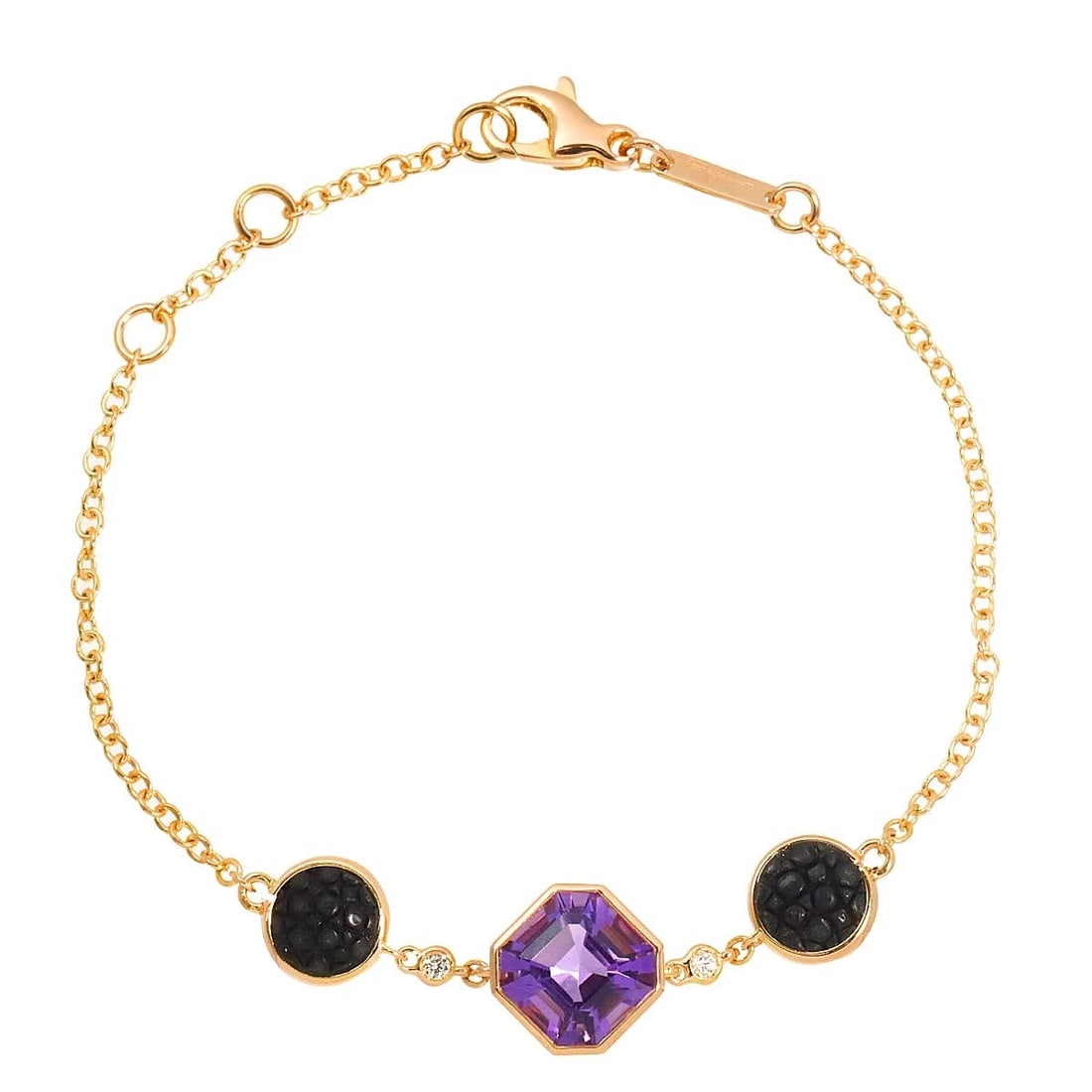 SALVATORE FERRAGAMO AMETHYST DIAMOND BRACELET 18K PG 750: Salvatore Ferragamo Amethyst Diamond Bracelet 18K PG 750 Brand: Salvatore Ferragamo Type/Style: Bracelet Material: 750Pink Gold, Main Stone/Creation Amethyst Color: Pink Gold Size: Inner
