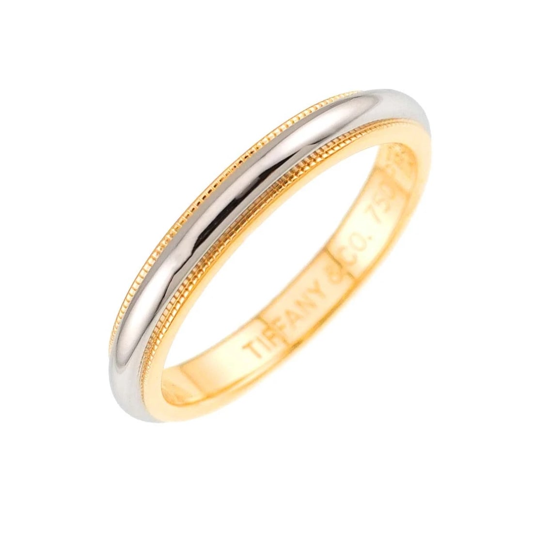 TIFFANY CO. MILGRAIN BAND RING PT 18K YG 750: TIFFANY Co. Milgrain Band Ring Pt 18K YG 750 Brand: TIFFANY Co. Type/Style: Ring Material: Platinum, Color: Platinum Size: 7.5-7.75 (US) Accessories: None Accessories Notice: When purchasing