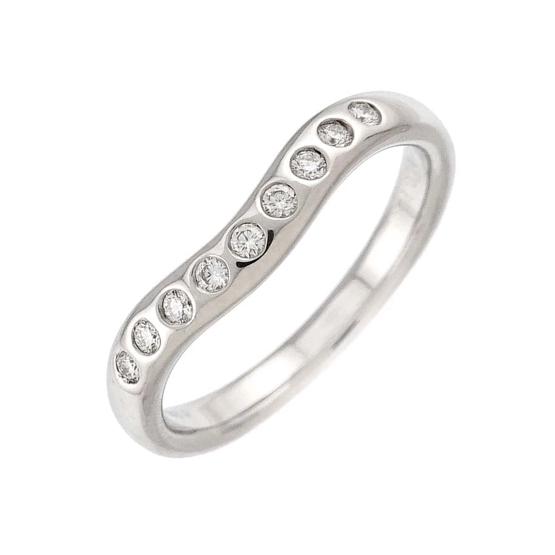 TIFFANY CO. WIDE CURVED BAND DIAMOND RING PT: TIFFANY Co. Wide Curved Band Diamond Ring Pt Brand: TIFFANY Co. Type/Style: Ring Material: Platinum, Main Stone/Creation Natural Color: Platinum Size: 5.25-5.5 (US) Accessories: None Accessories