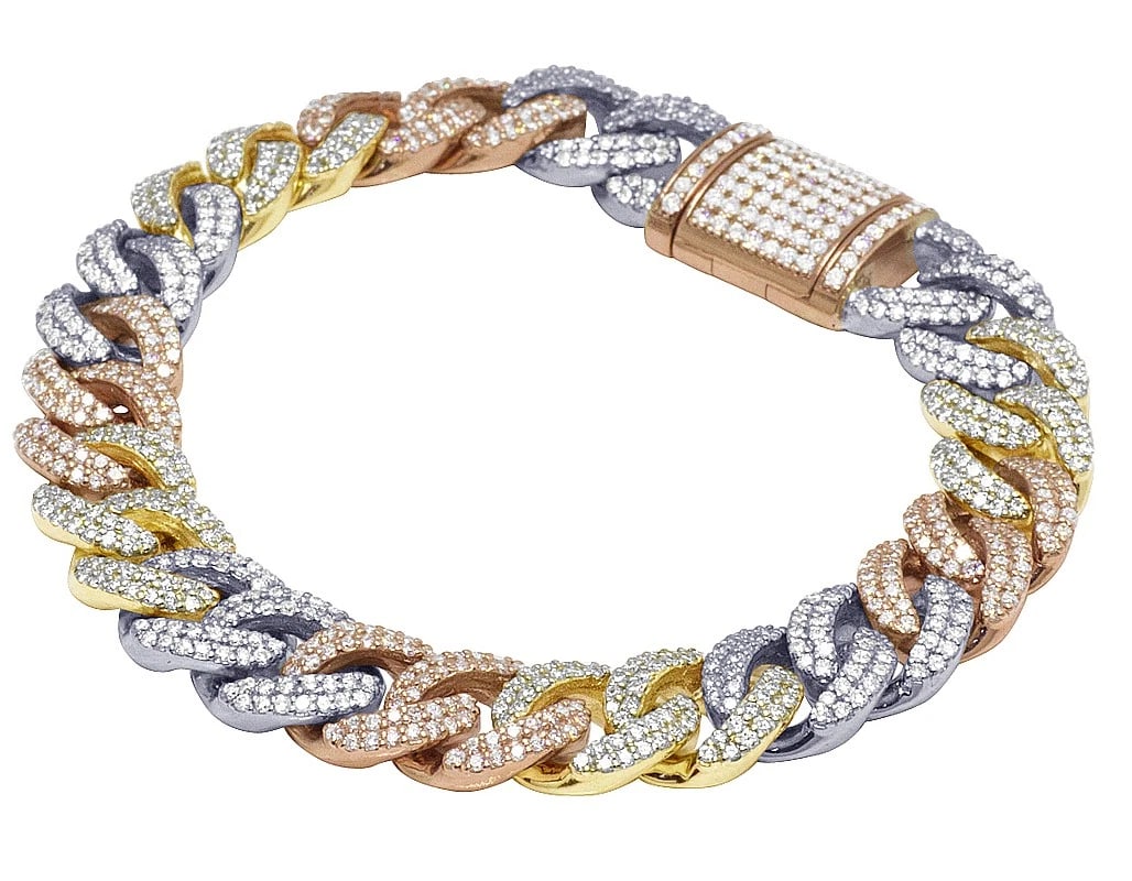 10K TRI-COLOR GOLD DIAMOND MIAMI CUBAN BRACELET: 10K Tri-Color Gold Diamond Miami Cuban Bracelet Brand: none Type/Style: Bracelet Material: 10K , Multi-Tone Gold, Main Stone/Creation Multi-Tone Color: Natural Size: Length 8.5 in Width 12mm