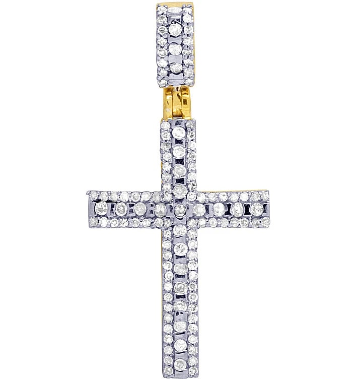 10K YELLOW GOLD DIAMOND DESIGNER CROSS PENDANT: 10K Yellow Gold Diamond Designer Cross Pendant Brand: none Type/Style: Pendant Material: 10K , Yellow Gold, Main Stone/Creation Yellow Color: Natural Size: Dimension 1.5" Accessories: None