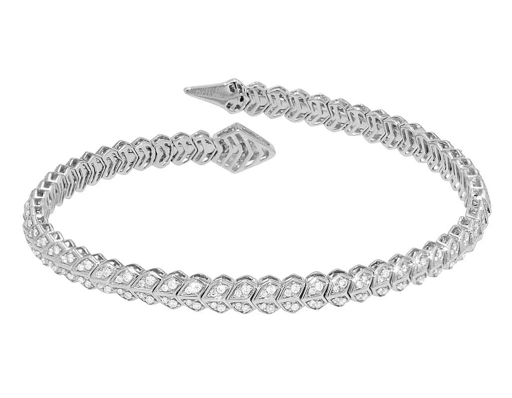 SINGLE ROW SERPENTINE DIAMOND STUDDED BANGLE BRACELET: Single Row Serpentine Diamond Studded Bangle Bracelet Brand: none Type/Style: Bracelet Material: 14k, White Gold, Main Stone/Creation White Color: Natural Size: Length 7 in Width 7.0mm Accessories
