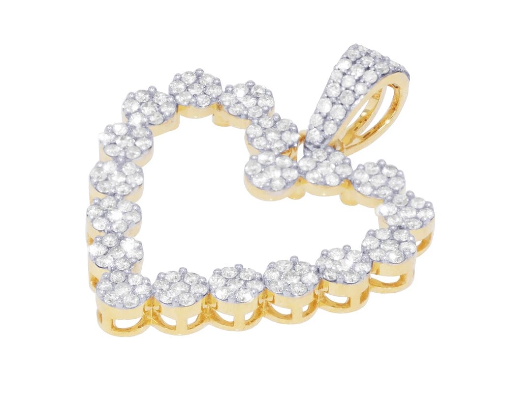 HEART SHAPED DIAMOND PENDANT: Heart Shaped Diamond Pendant Brand: none Type/Style: Pendant Material: 10k, Yellow Gold, Main Stone/Creation Yellow Color: Natural Size: Dimension 1.3" x 1" Accessories: None Accessories Notice: When