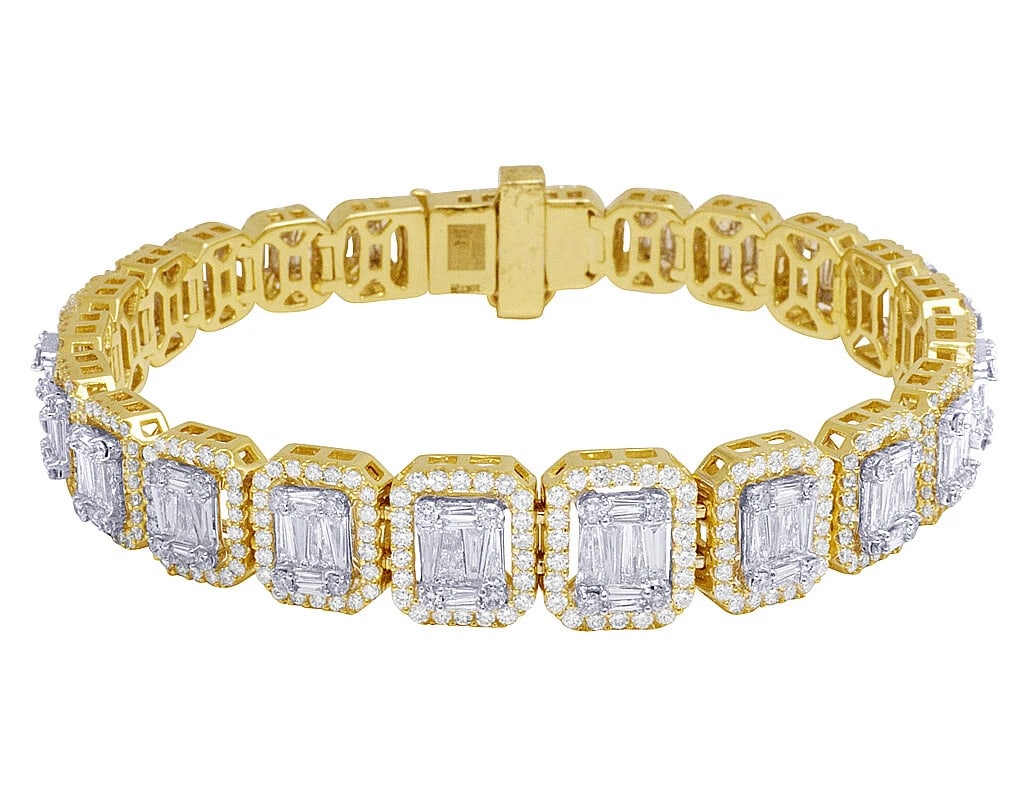 YELLOW GOLD GRADUATING DIAMOND BAGUETTE HALO BRACELET: Yellow Gold Graduating Diamond Baguette Halo Bracelet Brand: none Type/Style: Bracelet Material: 10k, Yellow Gold, Main Stone/Creation Yellow Color: Natural Size: Length 8.25 in Width 13.5MM Acces