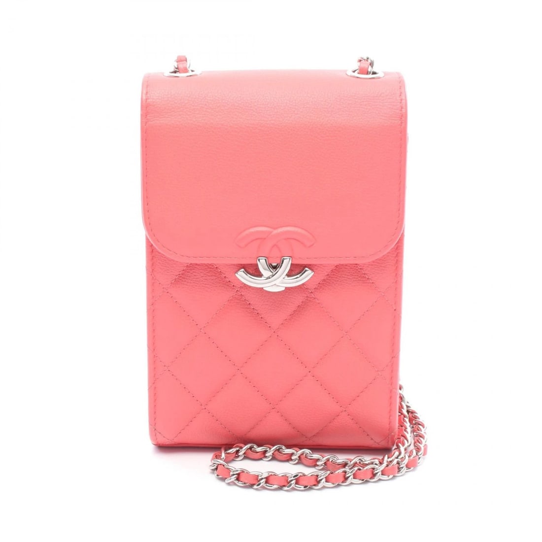 CHANEL HALF CC LOGO MATELASSE PHONE CASE CHAIN SHOULDER BAG: CHANEL Half CC Logo Matelasse Phone Case Chain Shoulder Bag Brand: CHANEL Type/Style: Shoulder Bag Material: Calfskin (cowhide) Color: Red?ish colors Size: (H:6.9" x W:4.5" x D:2.2") Accessories: