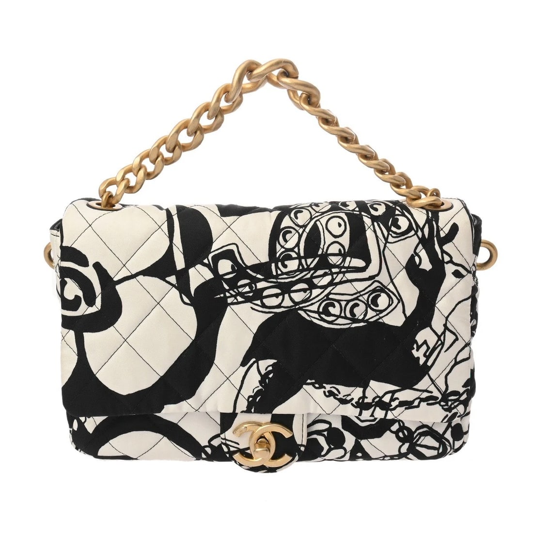 CHANEL MINI FLAP BAG MATRASSE BLACK WHITE SHOULDER BAG: CHANEL Mini flap bag Matrasse Black White Shoulder Bag Brand: CHANEL Type/Style: Shoulder Bag Material: Print fabric Color: Black White ? Gold Metal Size: H:about 6.7inch W:about 9.1inch D:about 2.8in