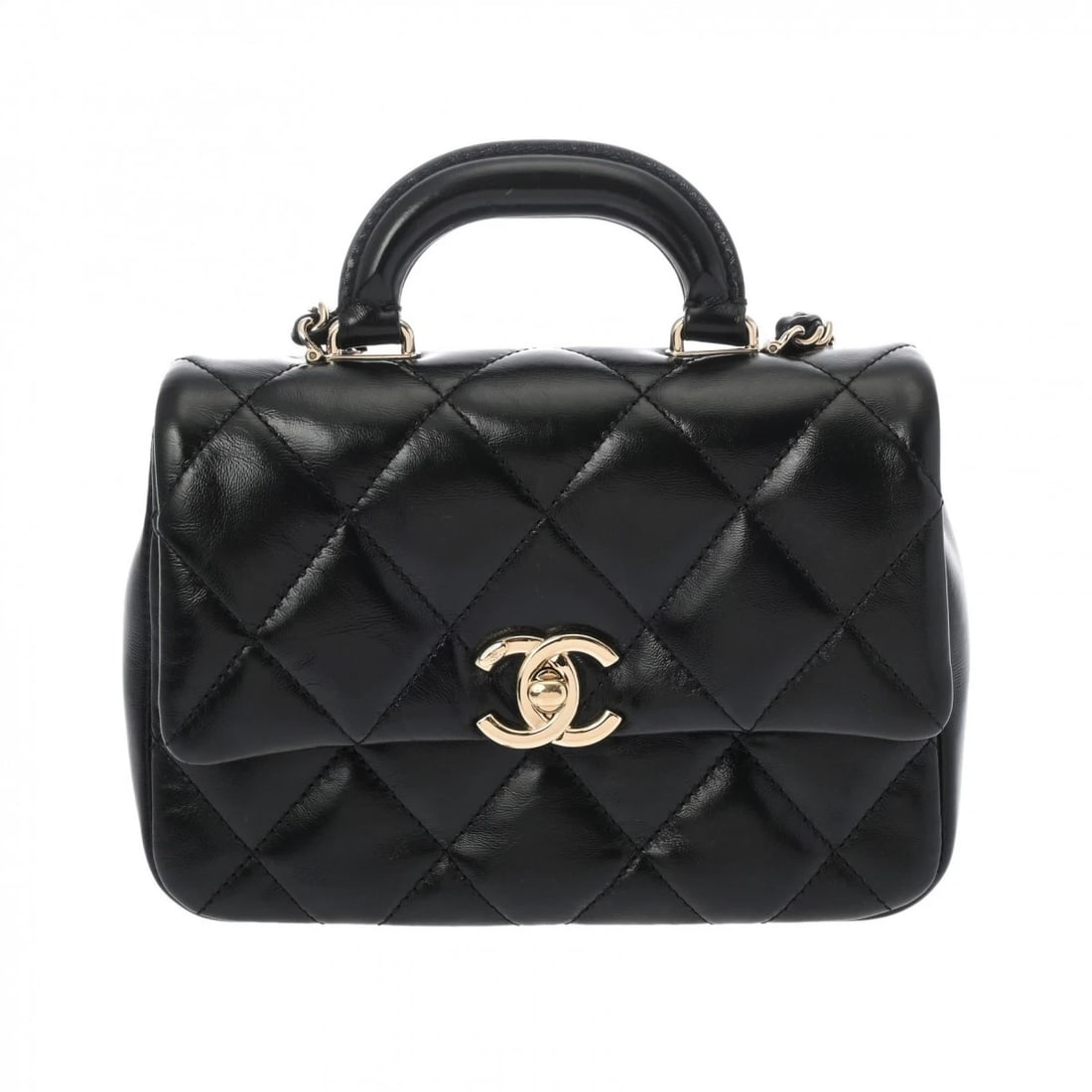 CHANEL MINI TOP-HANDLE FLAP BAG MATRASSE BLACK HANDBAG: CHANEL Mini top-handle flap bag Matrasse black Handbag Brand: CHANEL Type/Style: Handbag Material: Shiny calfskin Color: black ? Champagne Gold Metal Size: H:about 5.1inch W:about 7.5inch (Bottom)