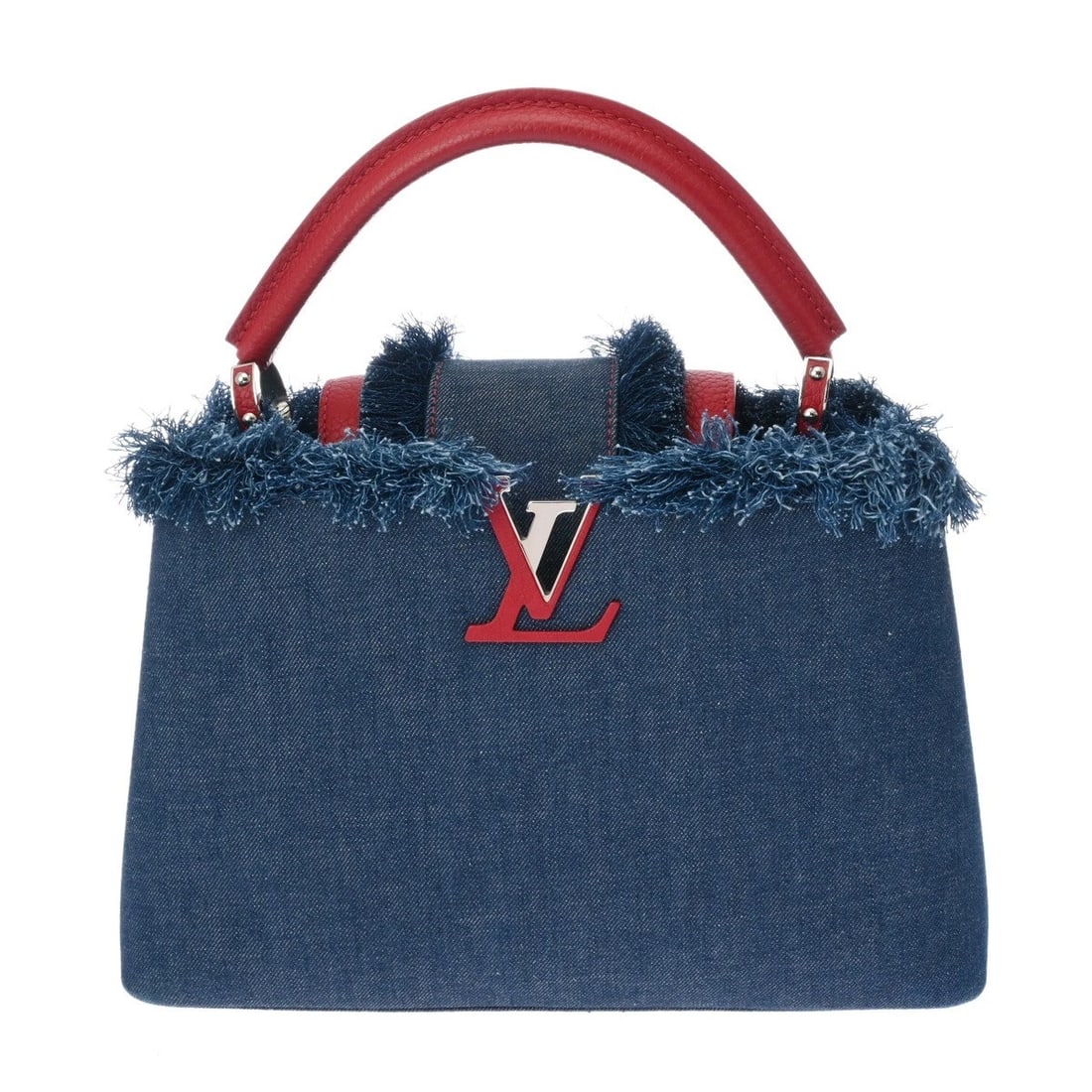 LOUIS VUITTON CAPUCINES PM 2WAY DENIM BLUE / RED HANDBAG: LOUIS VUITTON Capucines PM 2WAY denim Blue / red Handbag Brand: LOUIS VUITTON Type/Style: Handbag Material: denim/Taurillon Leather Color: Blue / red Size: H:about 7.9inch W:about 12.2inch (Bottom) D: