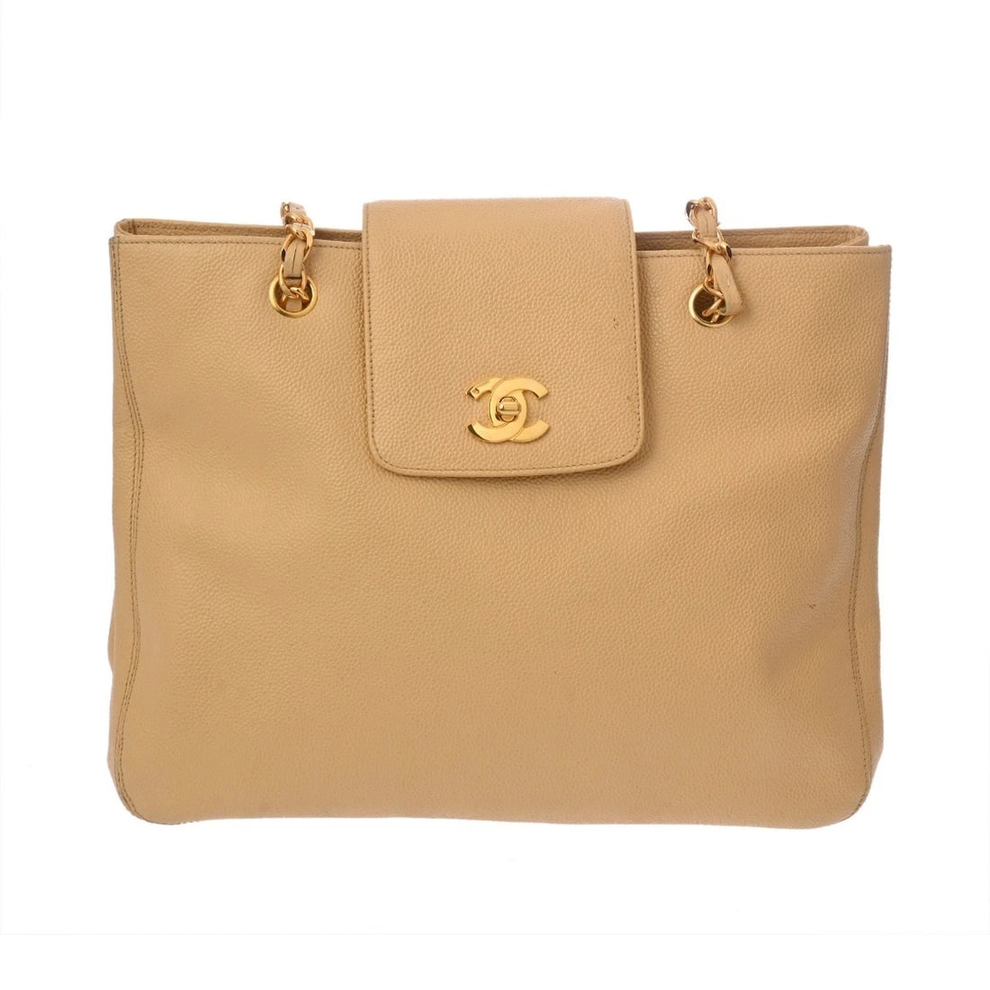 CHANEL CHAIN TOTE CAVIARSKIN BEIGE TOTE BAG: CHANEL Chain tote Caviarskin beige Tote Bag Brand: CHANEL Type/Style: Tote Bag Material: Caviarskin Color: beige ? Gold Metal Size: H:about 11.2inch W:about 13.2inch (Bottom) D:about 4.3inch