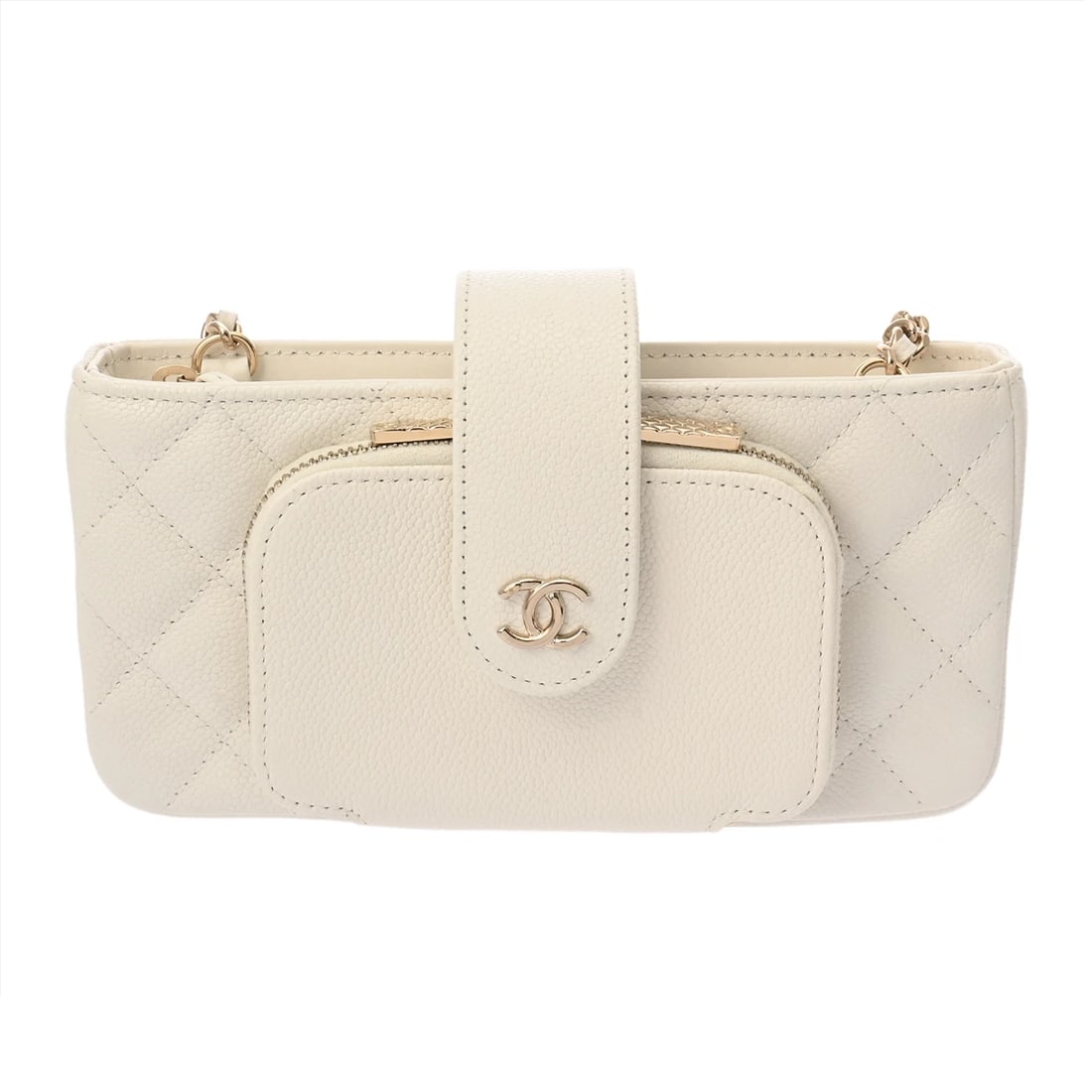 CHANEL PHONE CASE MATRASSE WHITE SHOULDER BAG: CHANEL Phone case Matrasse white Shoulder Bag Brand: CHANEL Type/Style: Shoulder Bag Material: soft grain calfskin Color: white ? Champagne Gold Metal Size: H:about 6.9inch W:about 4.3inch D:about