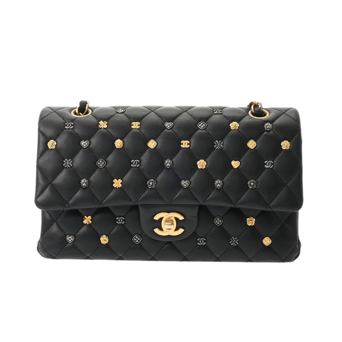 CHANEL CLASSIC HANDBAG MATRASSE LAMBSKIN BLACK: CHANEL Classic Handbag Matrasse lambskin black Brand: CHANEL Type/Style: Shoulder Bag Material: lambskin Color: black ? Gold Metal Size: H:about 6.3inch W:about 9.8inch (Bottom) D:about 2.6inch (Botto