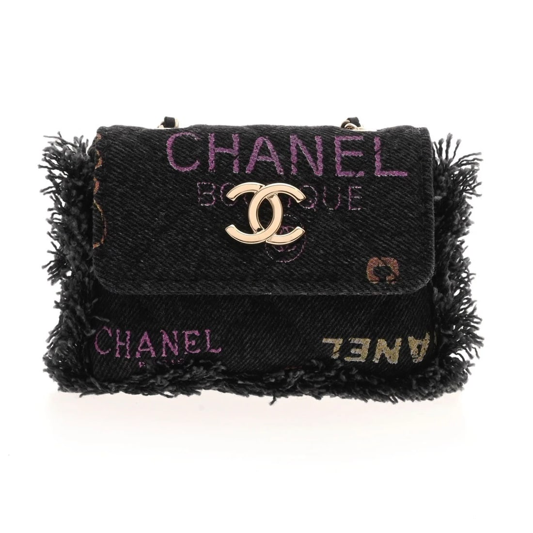 CHANEL CHAIN POCHETTE DENIM BLACK SHOULDER BAG: CHANEL Chain pochette denim black Shoulder Bag Brand: CHANEL Type/Style: Shoulder Bag Material: denim Color: black ? Gold Metal Size: H:about 3.1inch W:about 4.3inch D:about 0.6inch (maximum) Acce