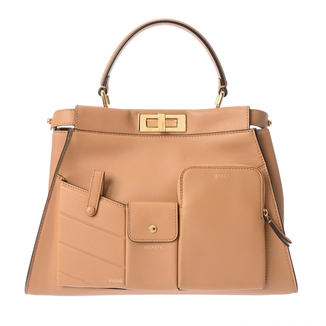 FENDI PEEKABOO REGULAR POCKET 2WAY BEIGE HANDBAG: FENDI Peekaboo Regular Pocket 2WAY beige Handbag Brand: FENDI Type/Style: Handbag Material: Soft nappa leather Color: beige Size: H:about 9.8inch W:about 13.4inch (Bottom) D:about 4.7inch Accessor