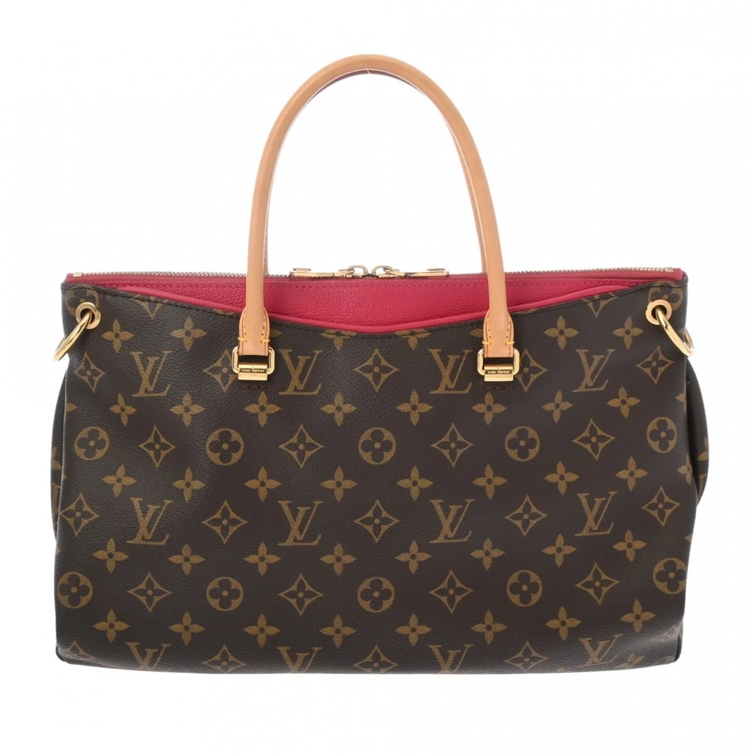 LOUIS VUITTON PALLAS MONOGRAM CANVAS DAHLIA HANDBAG: LOUIS VUITTON Pallas Monogram canvas Dahlia Handbag Brand: LOUIS VUITTON Type/Style: Handbag Material: Monogram canvas Color: Dahlia Size: H:about 8.7inch (Center) W:about 11.8inch (Bottom) D:about
