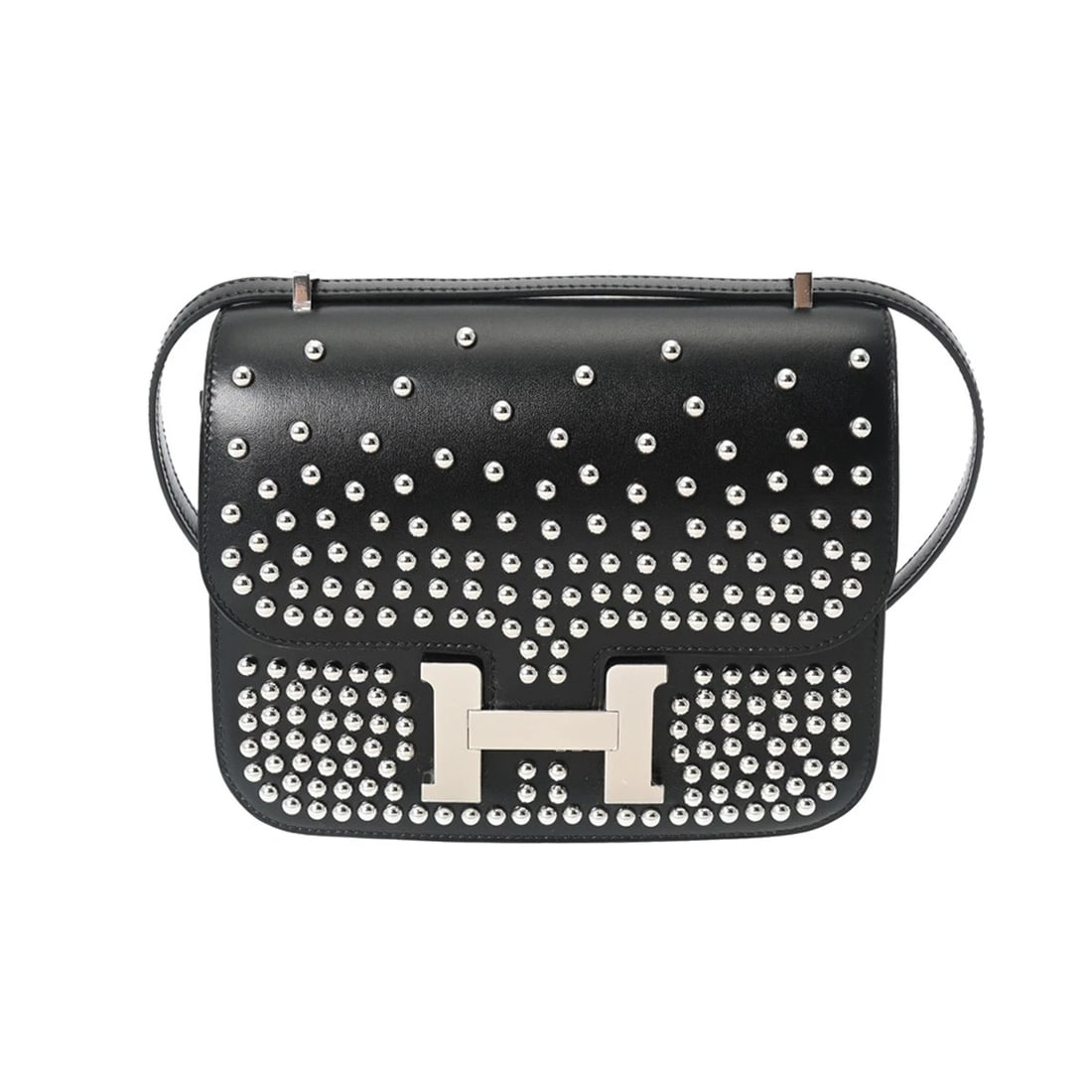 HERMES CONSTANCE MINI 18 MIROIR CLOUTE BOX SCARF BLACK SHOULDER BAG: HERMES Constance Mini 18 Miroir Cloute Box scarf black Shoulder Bag Brand: HERMES Type/Style: Shoulder Bag Material: Box scarf Color: black ? SilverMetal Size: H:about 5.9inch W:about 7.1inch D:about
