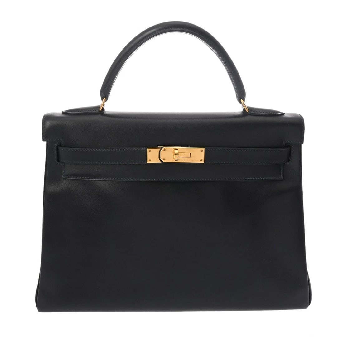 HERMES KELLY 32 INNER STITCH 2WAY BLUE INDIGO HANDBAG: HERMES Kelly 32 Inner Stitch 2WAY Blue indigo Handbag Brand: HERMES Type/Style: Handbag Material: Box scarf Color: Blue indigo ? Gold Metal Size: H:about 8.5inch W:about 12.6inch D:about 4.7inch