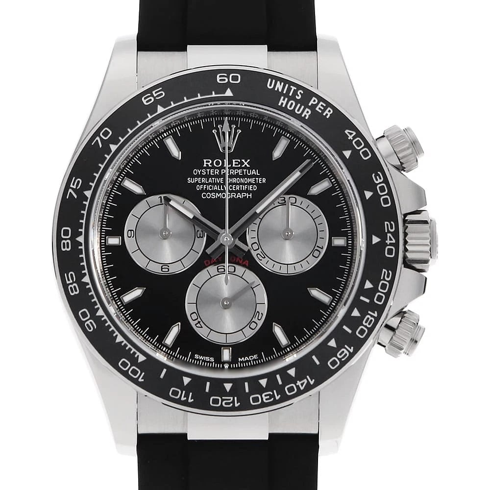 ROLEX COSMOGRAPH DAYTONA BLACK STEEL WATCH: ROLEX Cosmograph Daytona black Steel Watch Brand: ROLEX Type/Style: Wrist watch Material: Band Material rubber, Case Material White Gold Color: Dial color Black Size: Case:W40mm Circumference of