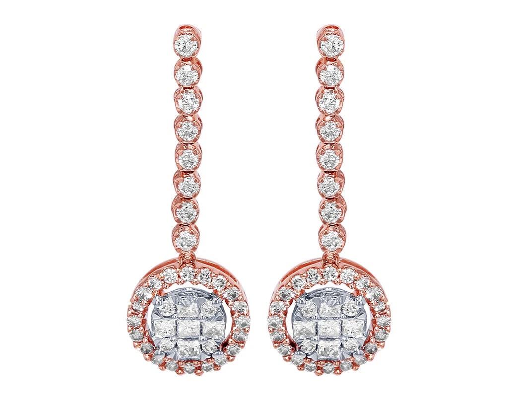 DANGLE DROP DIAMOND EARRINGS IN ROSE GOLD: Dangle Drop Diamond Earrings in Rose Gold Brand: none Type/Style: Earrings Material: 10K , Rose Gold, Main Stone/Creation Rose Gold Color: Natural Size: Dimension 1" Accessories: None Acce