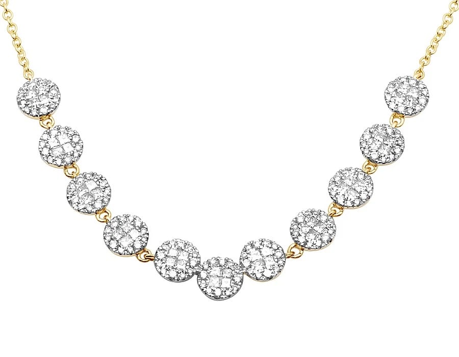 14K YELLOW GOLD PRINCESS DIAMOND DESIGNER CLUSTER NECKLACE: 14K Yellow Gold Princess Diamond Designer Cluster Necklace Brand: none Type/Style: Necklace Material: 14K , Yellow Gold, Main Stone/Creation Yellow Color: Natural Size: Dimension 9" Accessories: None