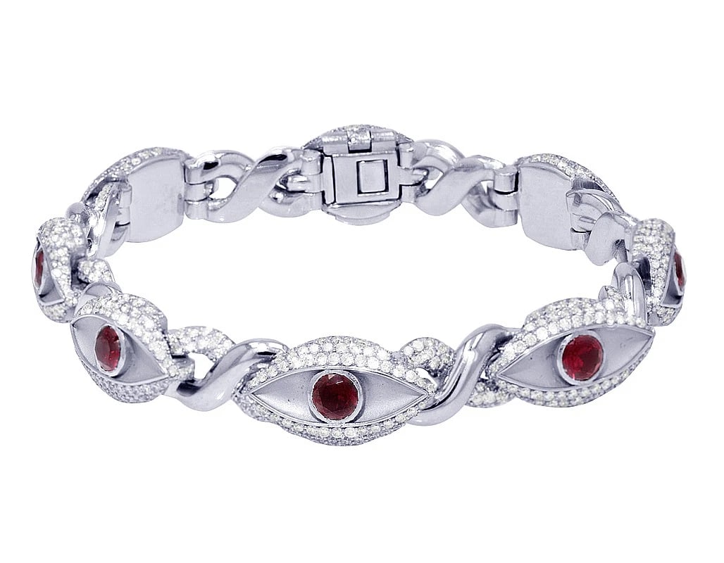 3D EVILEYE DIAMOND INFINITY LINK RED SYNTHETIC STONE BRACELET: 3D EvilEye Diamond Infinity Link Red Synthetic Stone Bracelet Brand: none Type/Style: Bracelet Material: 10k, White Gold, Main Stone/Creation White Color: Natural Size: Dimension L 8" x W 12mm