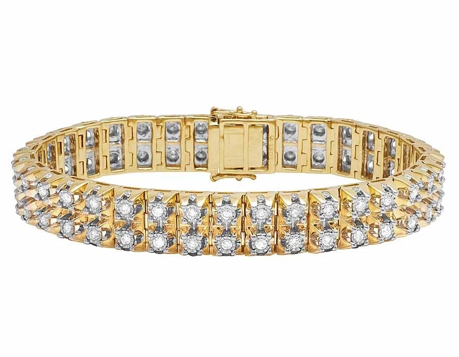 10K YELLOW GOLD GENUINE DIAMOND 2 ROW TENNIS BRACELET: 10K Yellow Gold Genuine Diamond 2 Row Tennis Bracelet Brand: none Type/Style: Bracelet Material: 10K , Yellow Gold, Main Stone/Creation Yellow Color: Natural Size: Length 8 in Width 12mm Accessories: