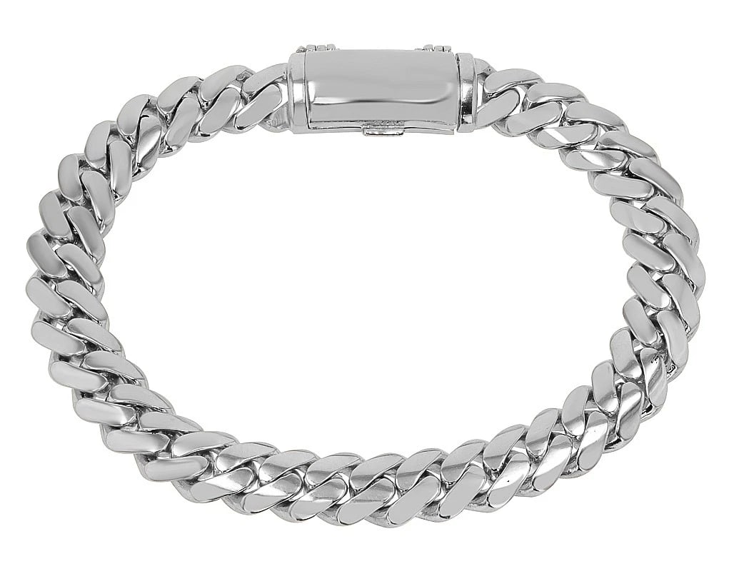 CURB SOLID MIAMI CUBAN LINK CHAIN BRACELET: Curb Solid Miami Cuban Link Chain Bracelet Brand: none Type/Style: Bracelet Material: 10K , WhiteGold, Main Stone/Creation White Color: Size: Length 8 in Accessories: None Accessories Notice: When