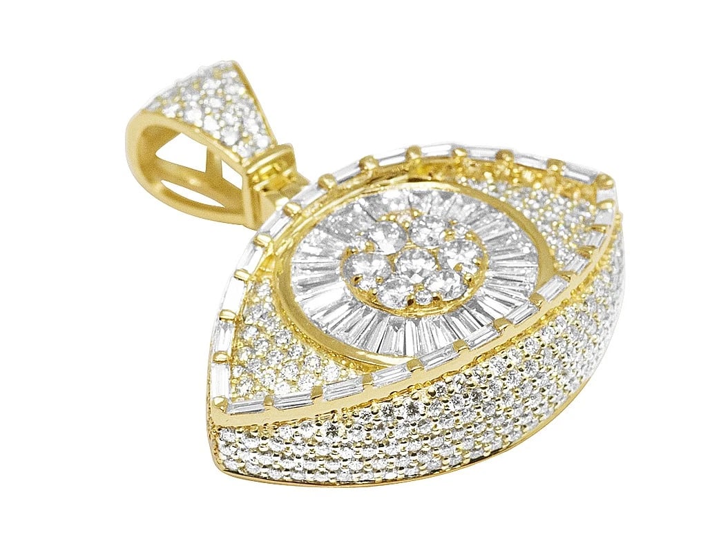 MENS BAGUETTE DIAMOND EVIL EYE PENDANT: Mens Baguette Diamond Evil Eye Pendant Brand: none Type/Style: Pendant Material: 14K , Yellow Gold, Main Stone/Creation Yellow Color: Size: Dimension 32MM 1.5" Accessories: None Accessories Notice: