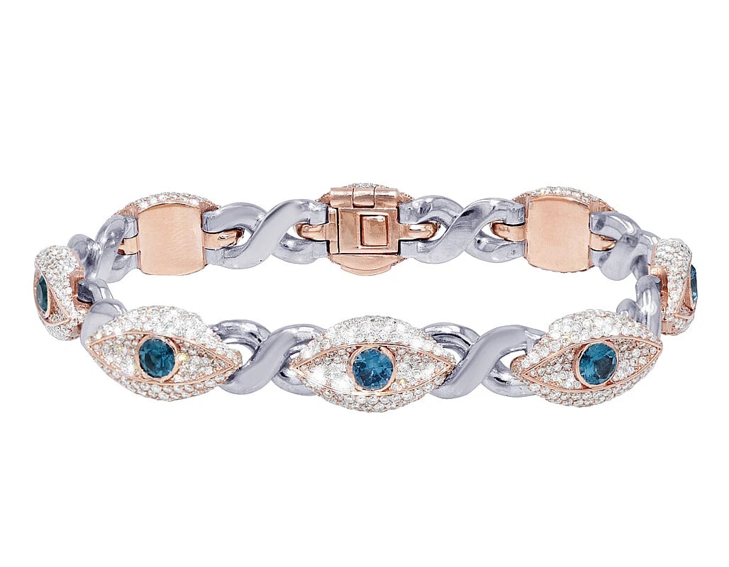 EVILEYE DIAMOND INFINITY AQUA SYNTHETIC STONE BRACELET: EvilEye Diamond Infinity Aqua Synthetic Stone Bracelet Brand: none Type/Style: Bracelet Material: 10k, Multi-Tone Gold, Main Stone/Creation Multi-Tone Color: Natural Size: Dimension L 8" x W 12mm