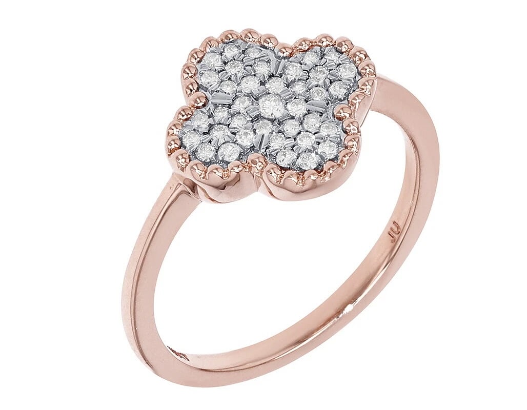 LEAF CLOVER DIAMOND RING 10K ROSE-WHITE GOLD: Leaf Clover Diamond Ring 10K Rose-White Gold Brand: none Type/Style: Ring Material: 10K , Rose-White Gold, Main Stone/Creation Rose-White Color: Natural Size: 7 US Accessories: None Accessories