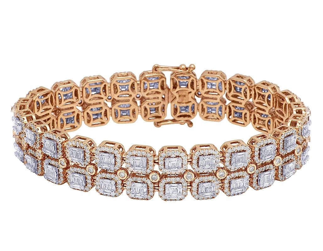 14K ROSE/ WHITE GOLD DIAMOND 2 ROW BAGUETTE HALO BRACELET: 14K Rose/ White Gold Diamond 2 Row Baguette Halo Bracelet Brand: none Type/Style: Bracelet Material: 14K , Multi-Tone Gold, Main Stone/Creation Multi-Tone Color: Natural Size: Length 8 in Width 15MM
