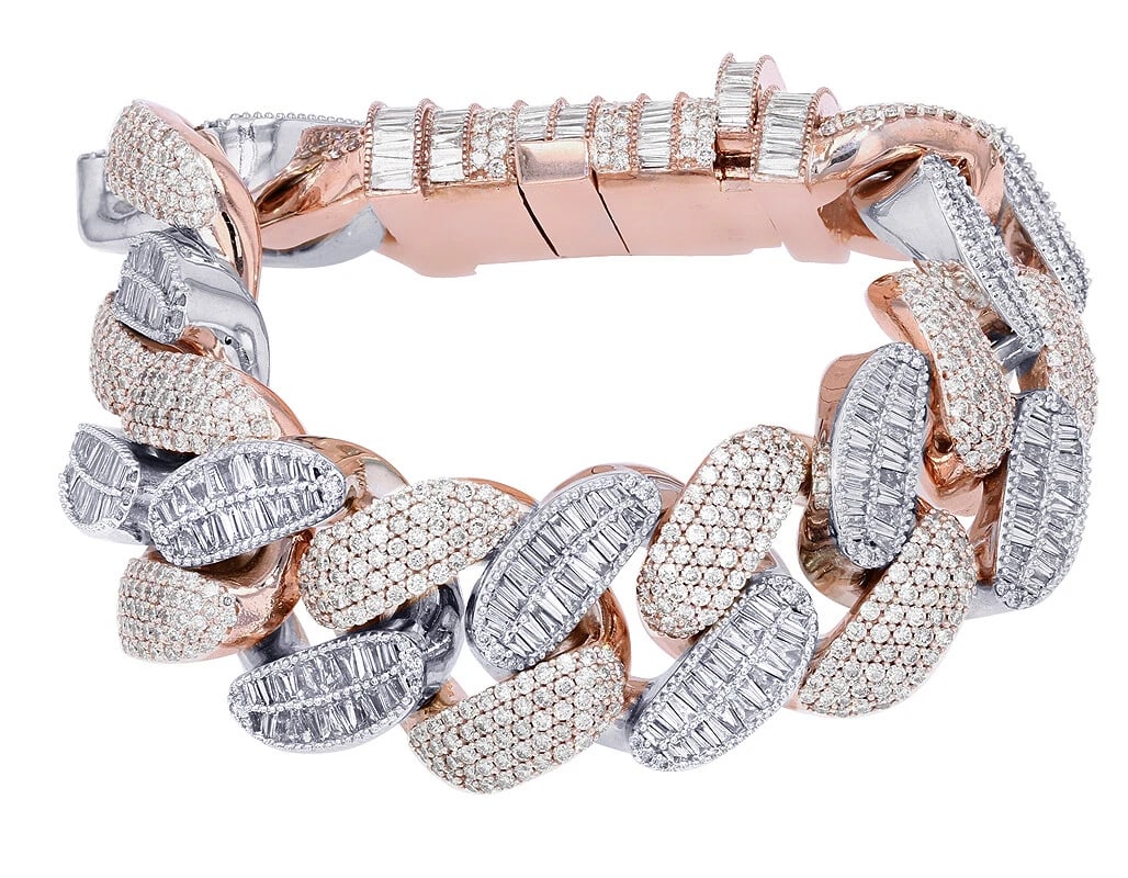 BAGUETTE DIAMOND CUBAN LINK BRACELET 10K ROSE-WHITE GOLD: Baguette Diamond Cuban Link Bracelet 10K Rose-White Gold Brand: none Type/Style: Bracelet Material: 10k, Multi-Tone Gold, Main Stone/Creation Multi-Tone Color: Natural Size: L 8" x W 25mm