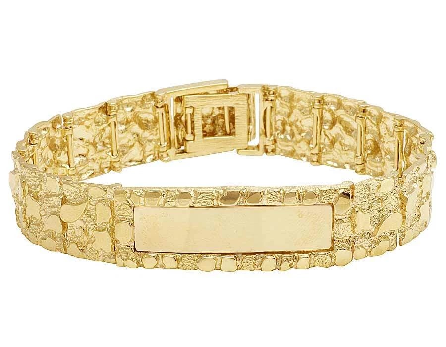 10K YELLOW GOLD NUGGET STYLE DESIGNER SOLID ID BRACELET: 10K Yellow Gold Nugget Style Designer Solid ID Bracelet Brand: none Type/Style: Bracelet Material: 10K, Yellow Gold, Main Stone/Creation Yellow Color: Size: Length 8 in Width 16mm Accessories: None