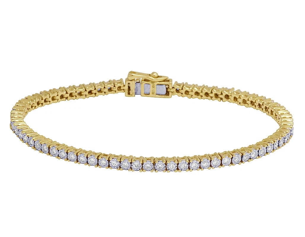 YELLOW GOLD TENNIS 2 POINTER DIAMOND BRACELET: Yellow Gold Tennis 2 Pointer Diamond Bracelet Brand: none Type/Style: Bracelet Material: 10k, Yellow Gold, Main Stone/Creation Yellow Color: Size: Dimension 3MM Width 7" length Accessories: None