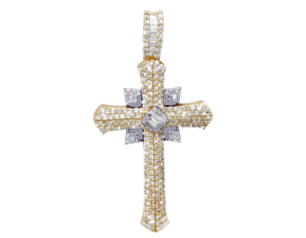 DESIGNER DIAMOND CROSS DIAMOND PENDANT: Designer Diamond Cross Diamond pendant Brand: none Type/Style: Pendant Material: 10k , Yellow and White gold, Main Stone/Creation Yellow-White Color: Natural Size: Dimension L1.5" x W1" Accessories:
