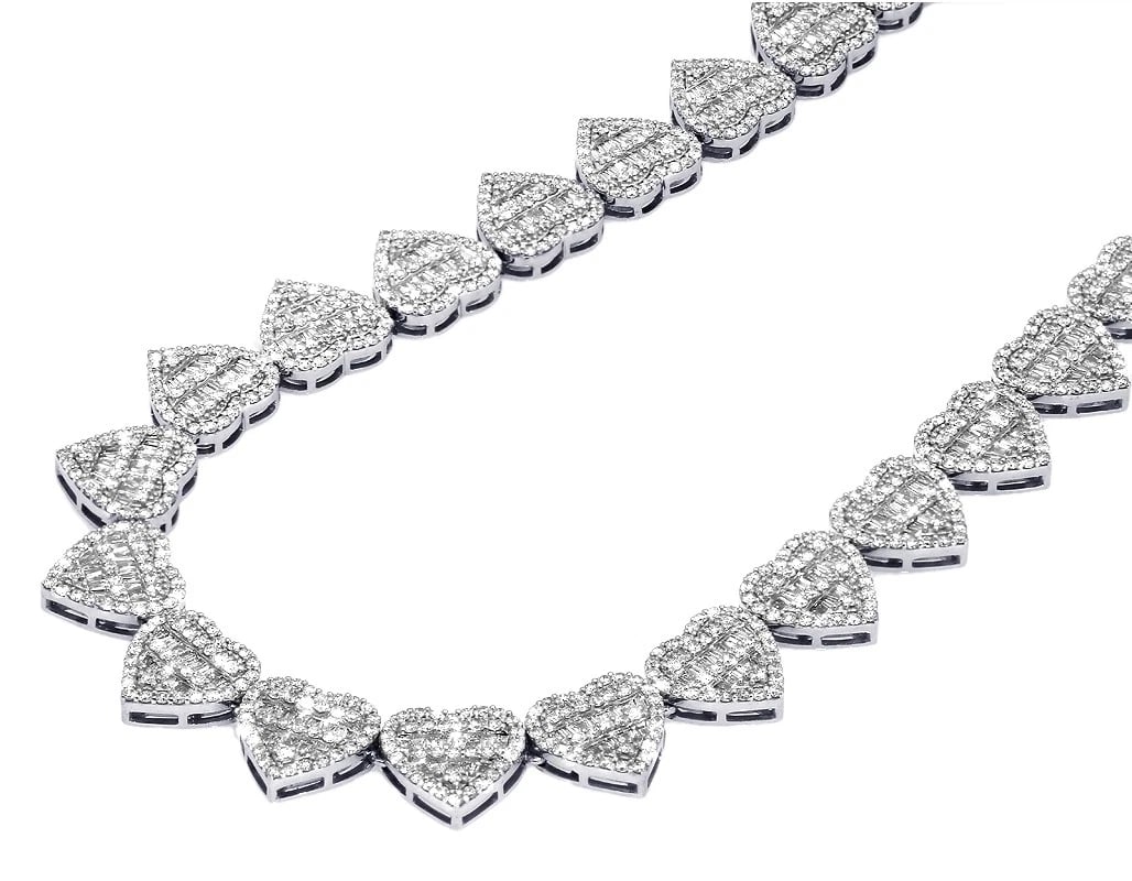 HEART-SHAPED DIAMOND BAGUETTE TENNIS NECKLACE: Heart-Shaped Diamond Baguette Tennis Necklace Brand: none Type/Style: Necklace Material: 10k , White Gold, Main Stone/Creation White Color: Natural Size: Length 17" Width 11mm Accessories: None