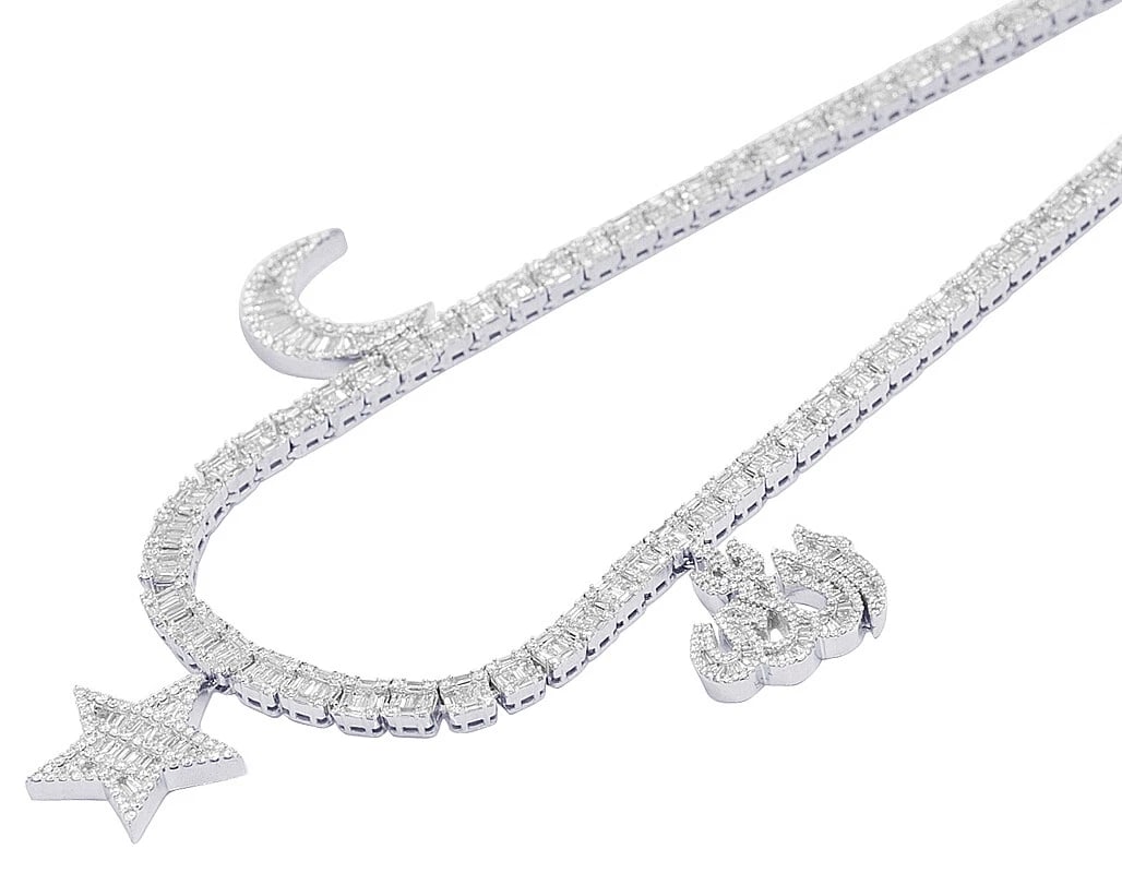 10K WHITE GOLD BAGUETTE DIAMOND ALLAH CHARM TENNIS NECKLACE: 10K White Gold Baguette Diamond Allah Charm Tennis Necklace Brand: none Type/Style: Necklace Material: 10K, White Gold, Main Stone/Creation White Color: Size: Length 20" Width 5mm Accessories: None