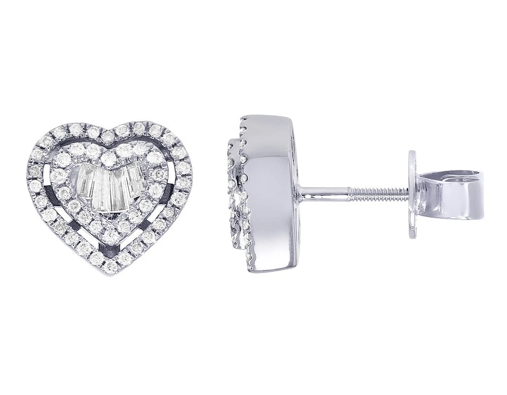GLITTERING HEART BAGUETTE DIAMOND EARRINGS: Glittering Heart Baguette Diamond Earrings Brand: none Type/Style: Earrings Material: 14k, White Gold, Main Stone/Creation White Color: Natural Size: Dimension 9mm x 10mm Accessories: None