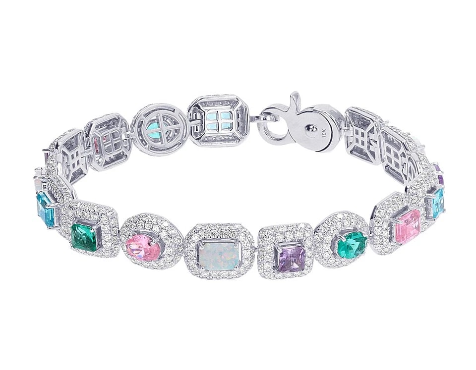 PRISMATIC MULTI-GEMS 10K WHITE GOLD BRACELET: Prismatic Multi-Gems 10K White Gold Bracelet Brand: none Type/Style: Bracelet Material: 10K , White Gold, Main Stone/Creation White Color: Natural Size: Dimension L8" W 9mm Accessories: None <