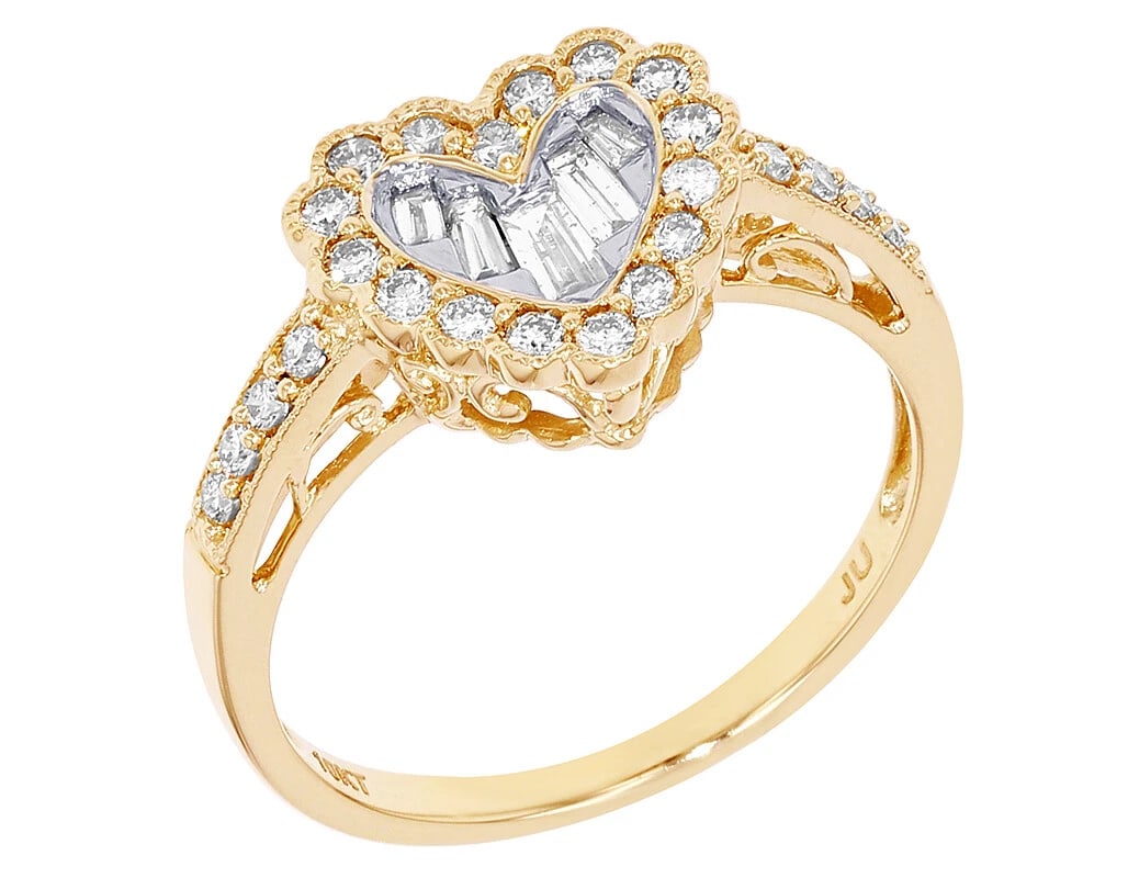HEART BAGUETTE 0.5CT DIAMOND RING 10K YELLOW-WHITE GOLD: Heart Baguette 0.5CT Diamond Ring 10K Yellow-White Gold Brand: none Type/Style: Ring Material: 10K , Yellow-White Gold, Main Stone/Creation Yellow-White Gold Color: Natural Size: 7 US Accessories: