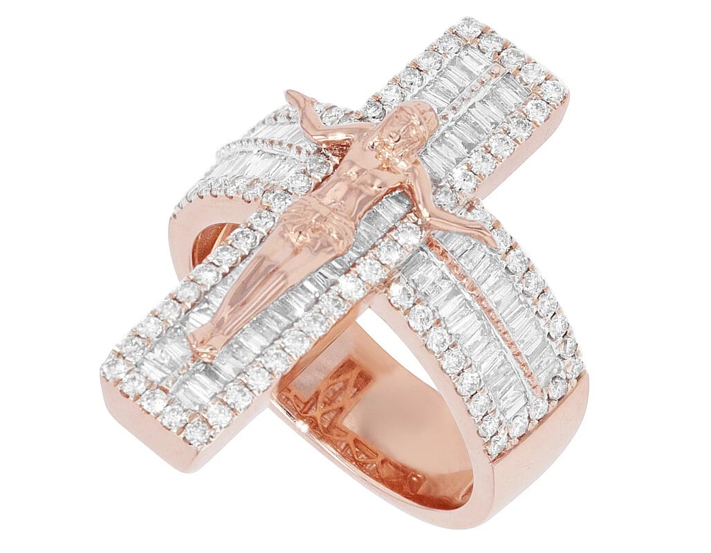 JESUS ON CROSS' BAGUETTE DIAMOND PINKY RING GOLD: Jesus on Cross' Baguette Diamond Pinky Ring Gold Brand: none Type/Style: Ring Material: 14K , Rose Gold, Main Stone/Creation Rose Gold Color: Natural Size: 10 US Accessories: None Accessories Notice: