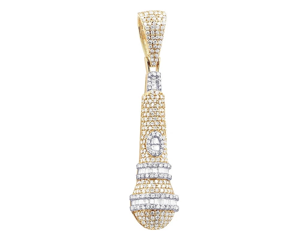 MICROPHONE BAGUETTE & ROUND DIAMOND PENDANT: Microphone Baguette & Round Diamond Pendant Brand: none Type/Style: Pendant Material: 10k, Yellow/White Gold, Main Stone/Creation Yellow / White Color: Natural Size: Dimension Length 42.6 MM, Weight