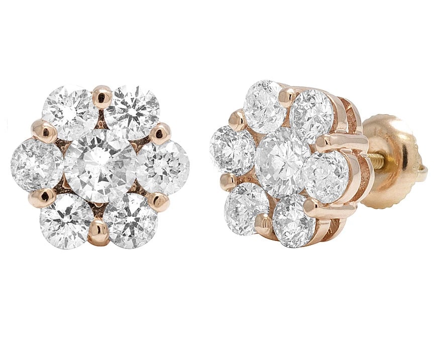 UNISEX 14K ROSE GOLD ROUND FLOWER DIAMOND STUD EARRINGS (1 of 5)