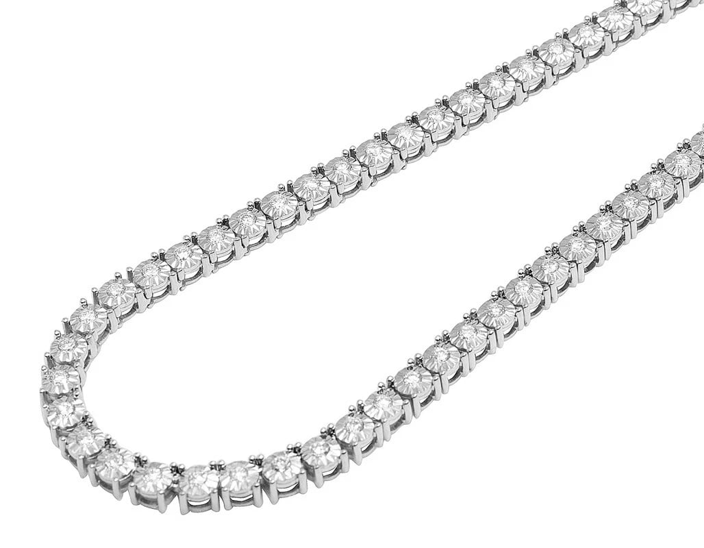 ILLUSION SET DIAMOND TENNIS CHAIN NECKLACE: Illusion Set Diamond Tennis Chain Necklace Brand: none Type/Style: Necklace Material: 10k, White Gold, Main Stone/Creation White Color: Natural Size: Length 22 in Width 5.0mm Accessories: None