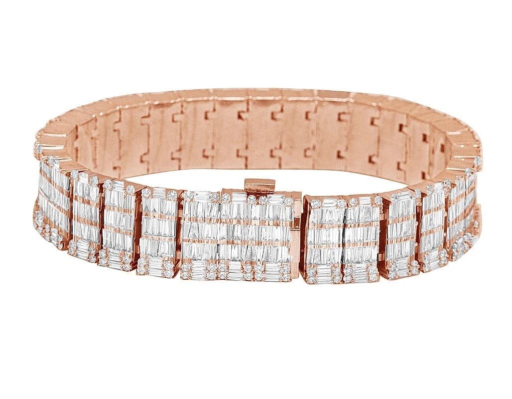 10K ROSE GOLD BAGUETTE DIAMOND BRACELET: 10k Rose Gold Baguette Diamond Bracelet Brand: none Type/Style: Bracelet Material: 10K , Rose Gold, Main Stone/Creation Rose Gold Color: Natural Size: Length 8" Width 15mm Accessories: None