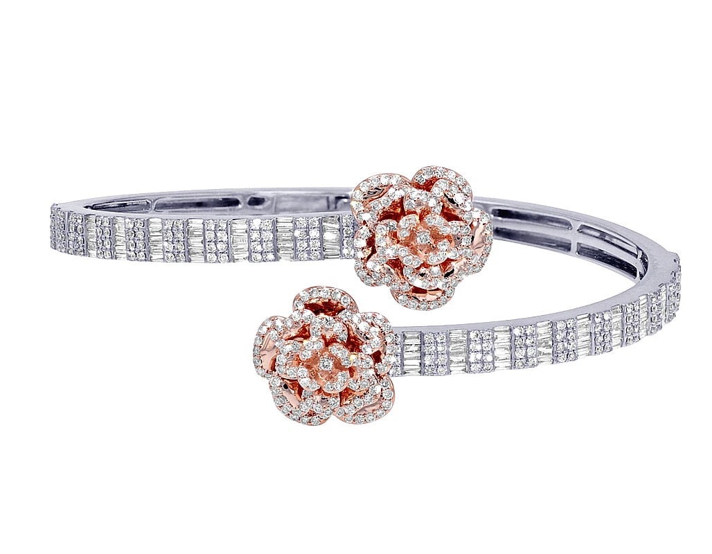 BAGUETTES N ROSES DIAMOND BANGLE BRACELET: Baguettes n Roses Diamond Bangle Bracelet Brand: none Type/Style: Bracelet Material: 10k, Multi-Tone Gold, Main Stone/Creation Multi-Tone Color: Natural Size: Dimension S 2.4 , Rose 22mm , Bangle 5mm