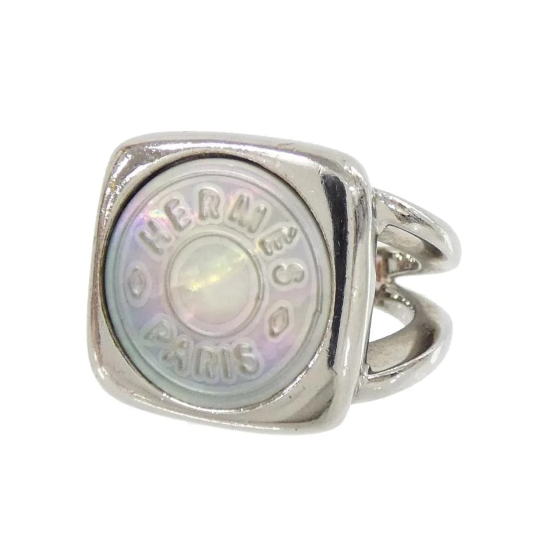 HERMES CLOU DE SELLE RING: Hermes Clou de Selle Ring Brand: HERMES Type/Style: Hermes Ring Material: shell, Color: Silver Size: 19cmActual Size Max width approx: 15.1mm Accessories: None Accessories Notice: When purchasing